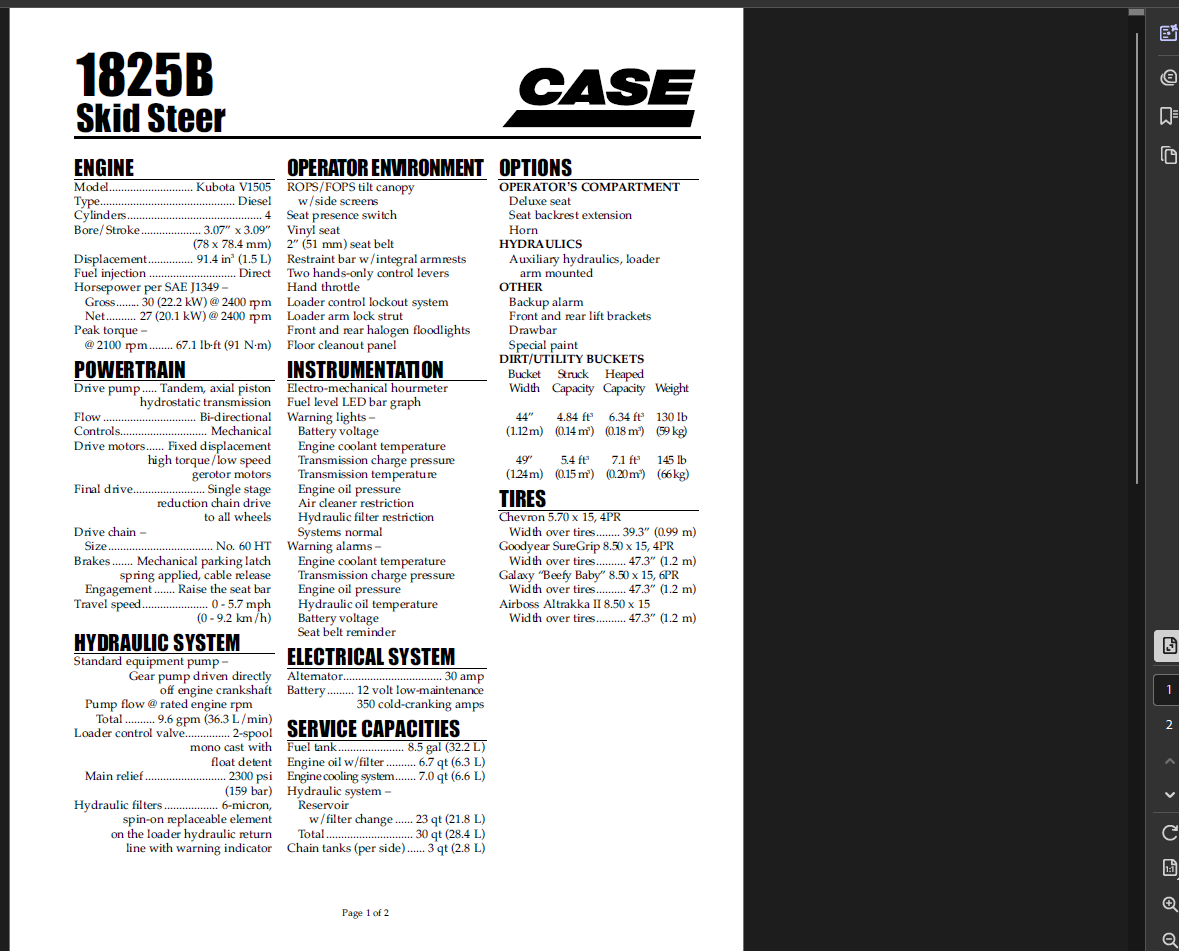 Case Skid Steer 1825B Specifications Manual PDF Instant Download