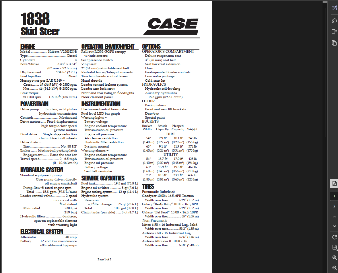 Case Skid Steer 1838 Specifications Manual PDF Instant Download