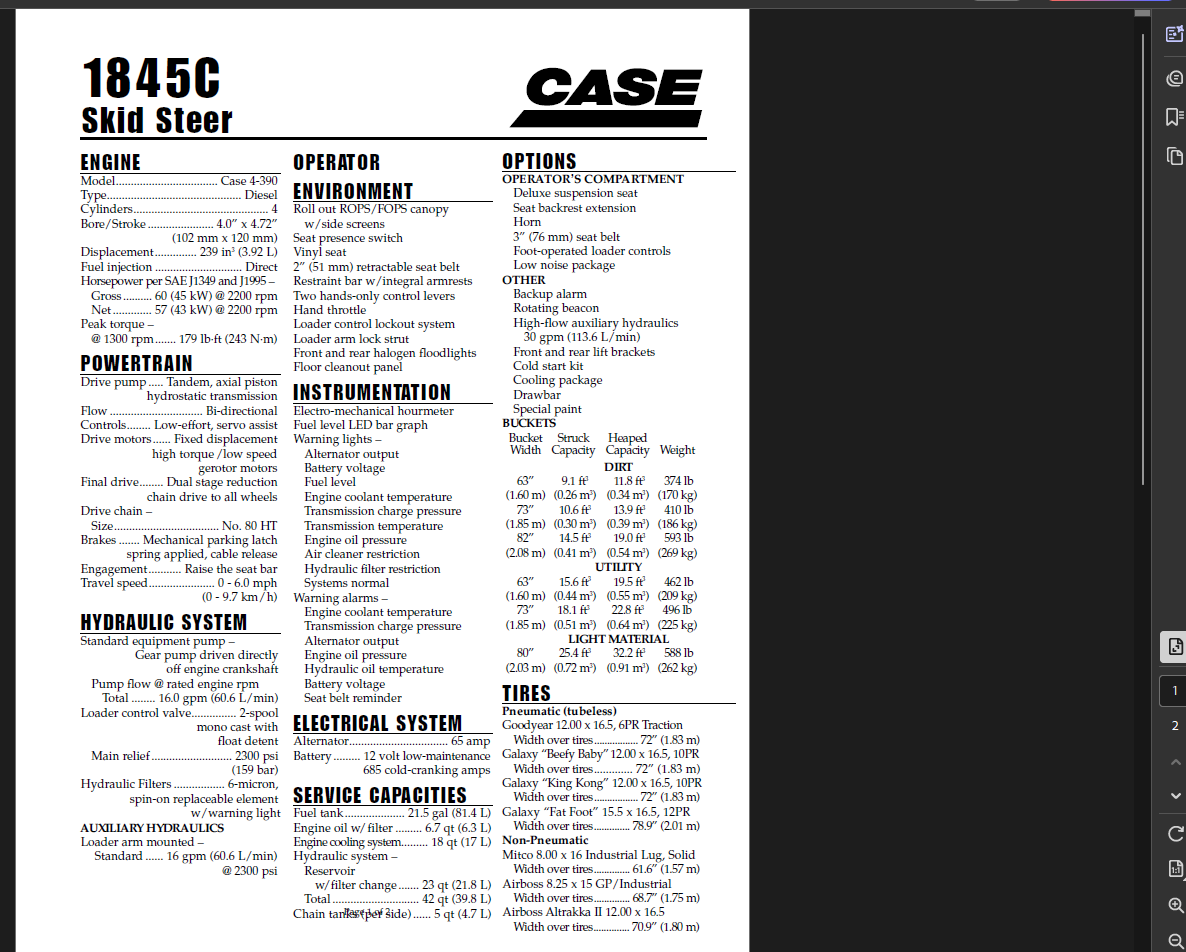 Case Skid Steer 1845C Specifications Manual PDF Instant Download
