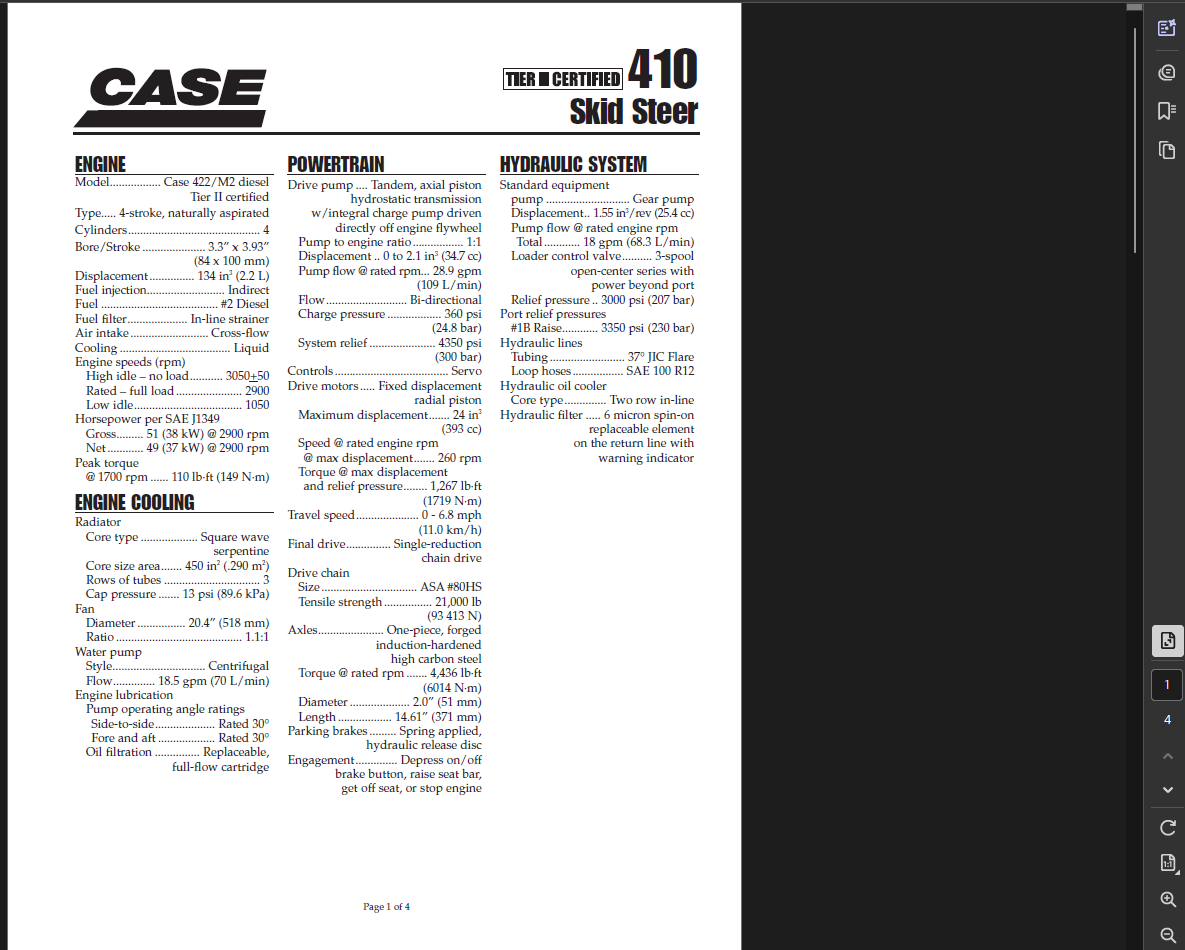 Case Skid Steer 410 Specifications Manual PDF Instant Download