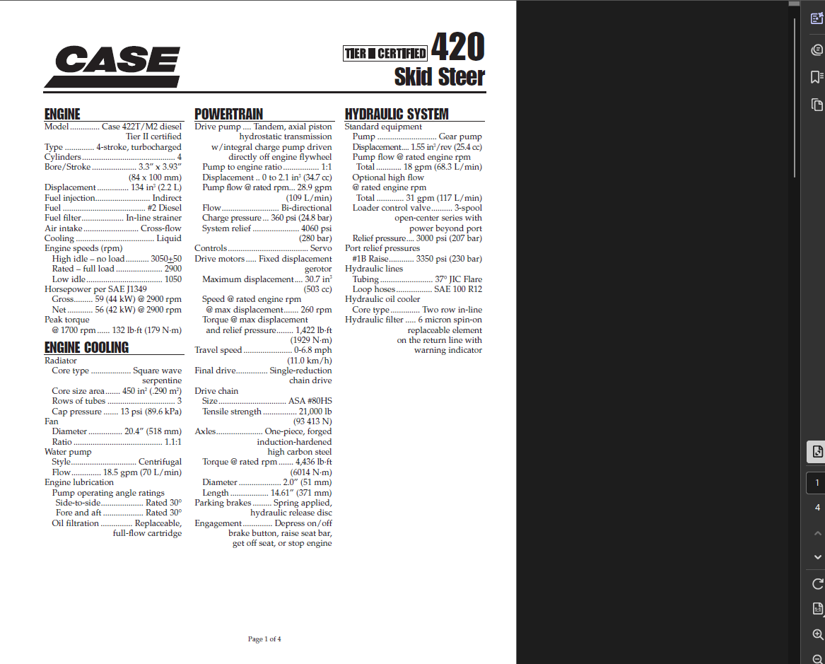 Case Skid Steer 420 Specifications Manual PDF Instant Download