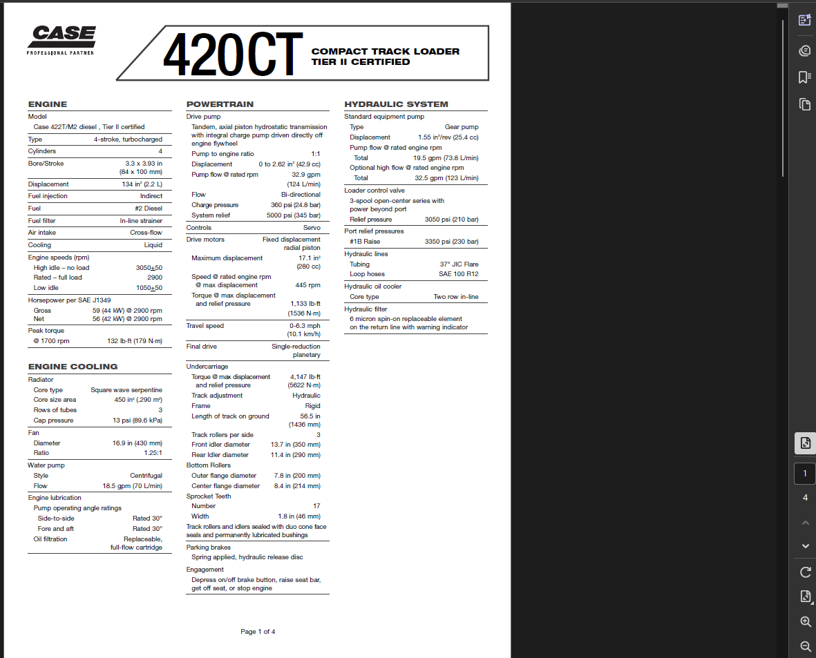 Case Skid Steer 420CT Specifications Manual PDF Instant Download