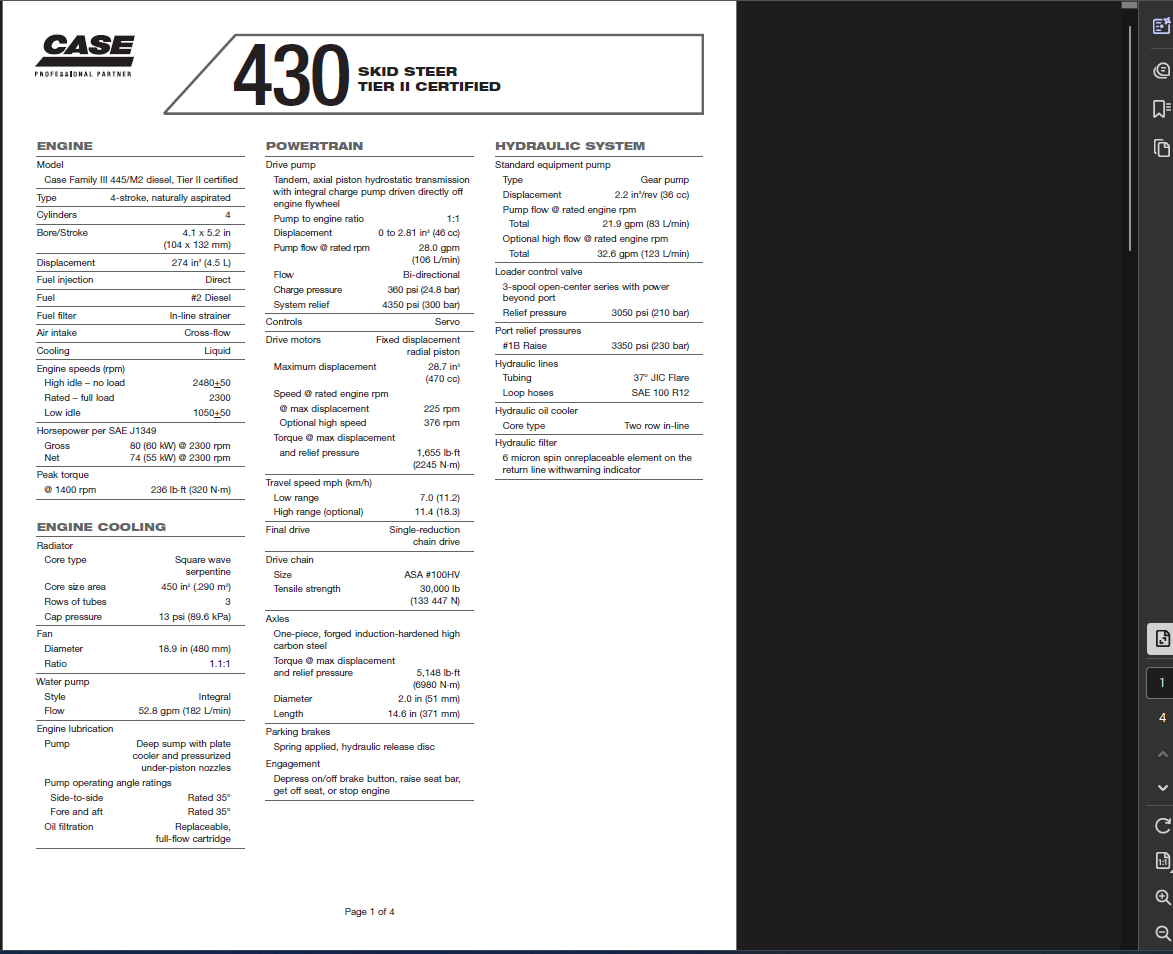 Case Skid Steer 430 Specifications Manual PDF Instant Download