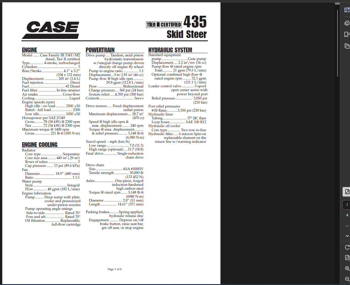 Case Skid Steer 435 Specifications Manual PDF Instant Download