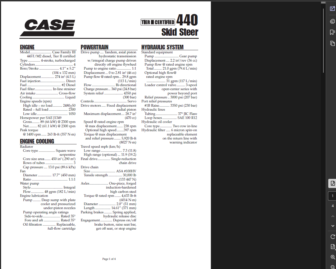Case Skid Steer 440 Specifications Manual PDF Instant Download
