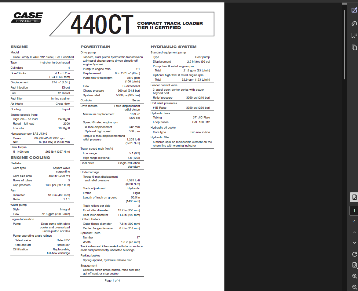 Case Skid Steer 440CT Specifications Manual PDF Instant Download
