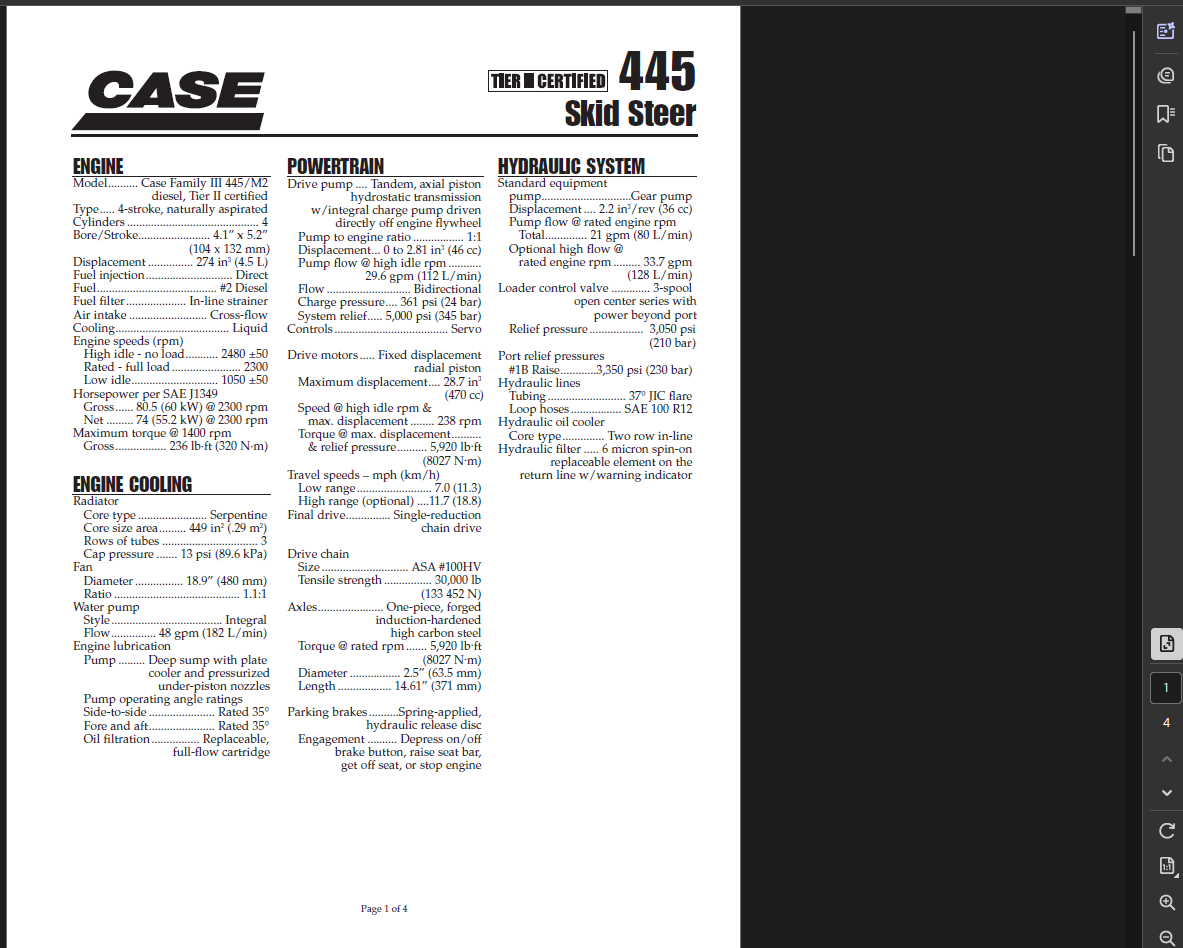 Case Skid Steer 445 Specifications Manual PDF Instant Download