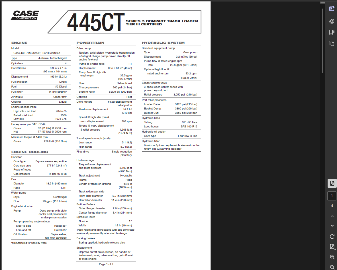 Case Skid Steer 445CT Series 3 Specifications Manual PDF Instant Download