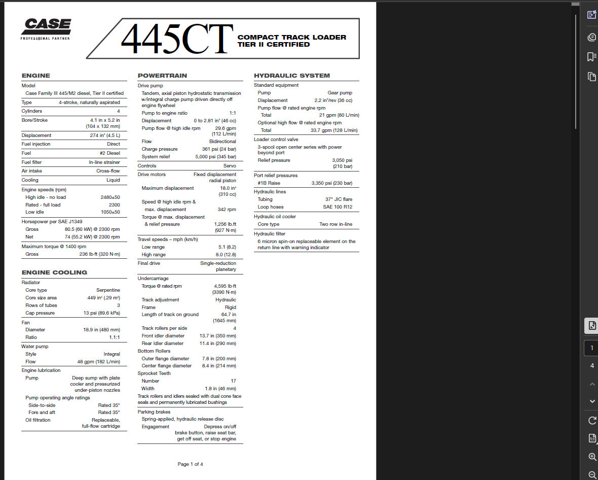 Case Skid Steer 445CT Specifications Manual PDF Instant Download