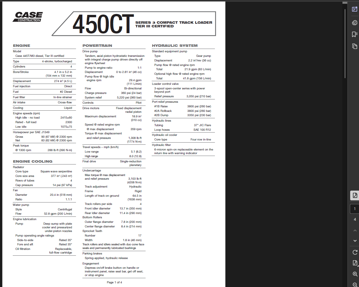 Case Skid Steer 450CT Series 3 Specifications Manual PDF Instant Download