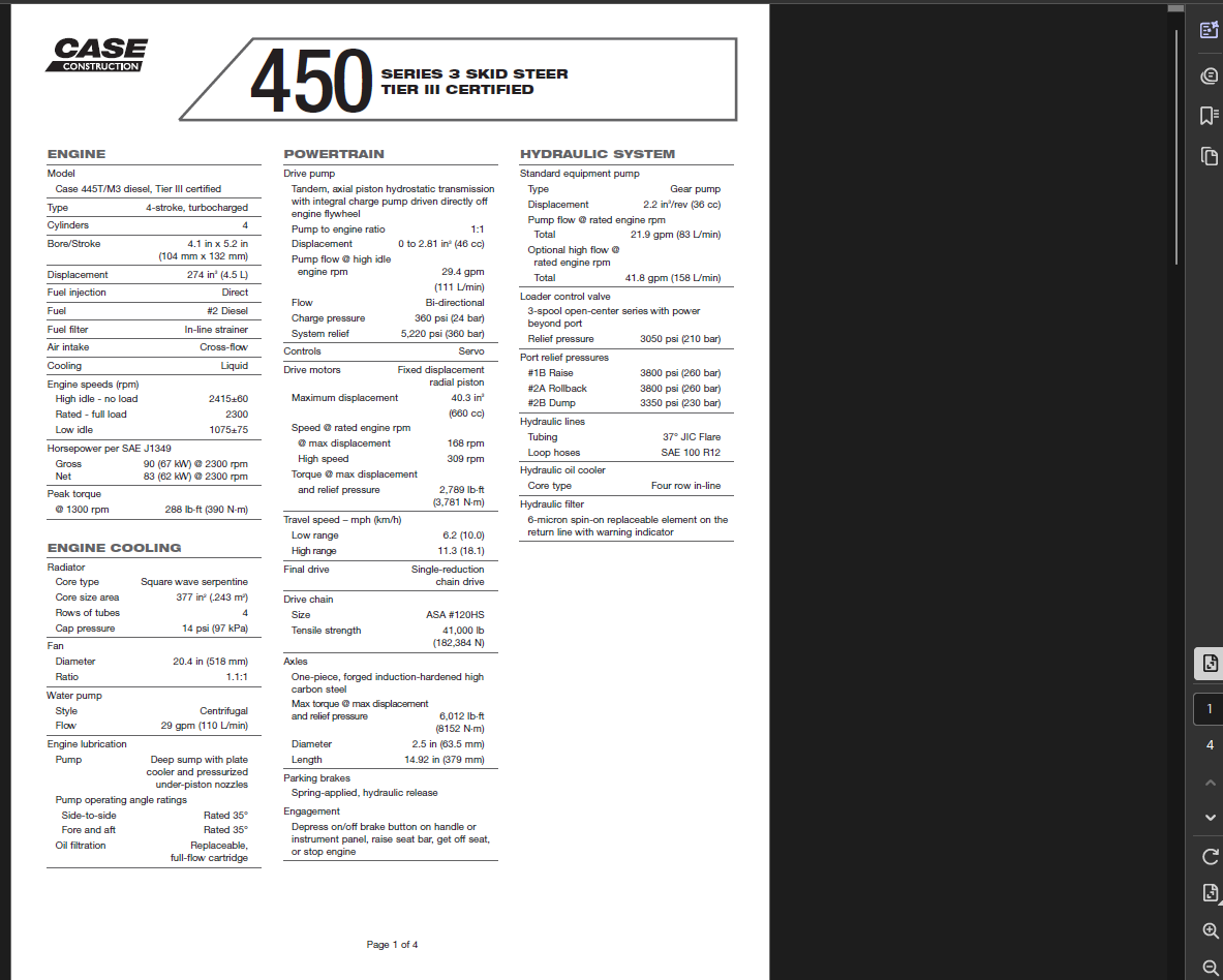 Case Skid Steer 450 Series 3 Specifications Manual PDF Instant Download