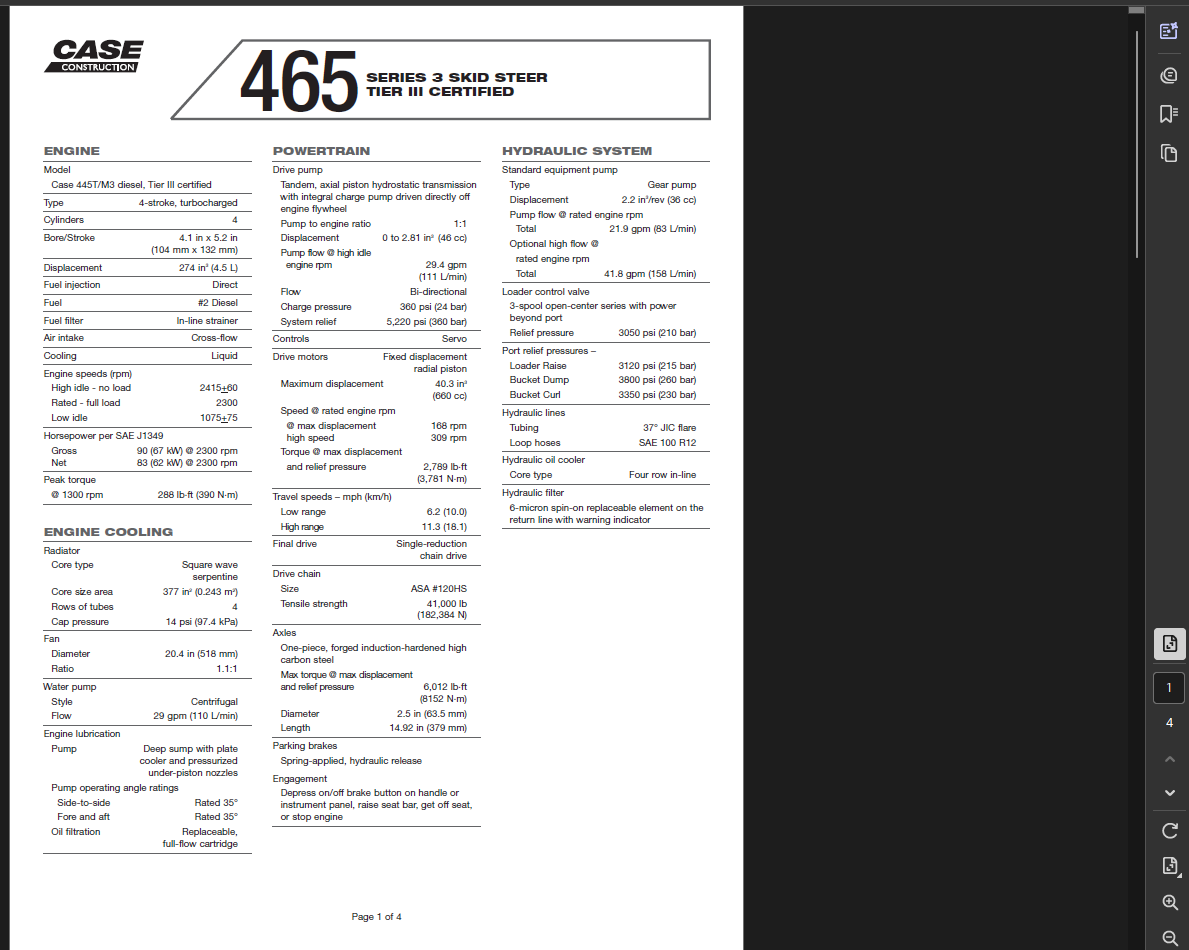 Case Skid Steer 465 Series 3 Specifications Manual PDF Instant Download