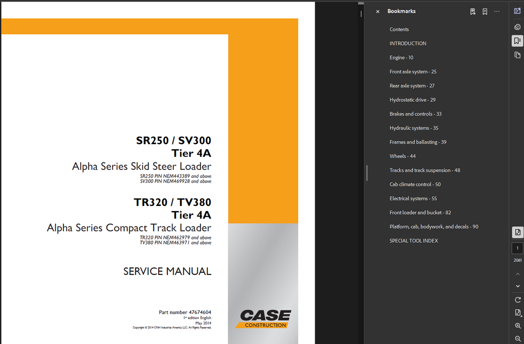 Case Skid Steer SR250 Service Shop Repair Manual PDF Instant Download