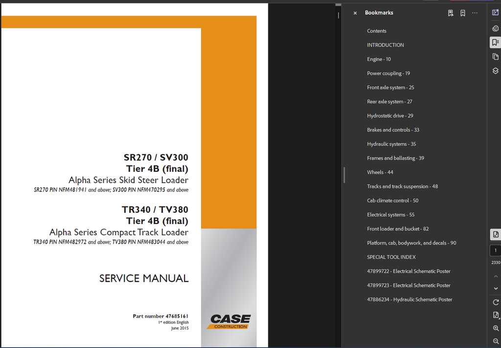 Case Skid Steer SR270 Service Shop Repair Manual PDF Instant Download