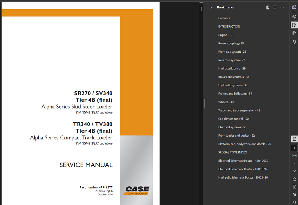 Case Skid Steer SR270 Service Shop Repair Manual PDF Instant Download
