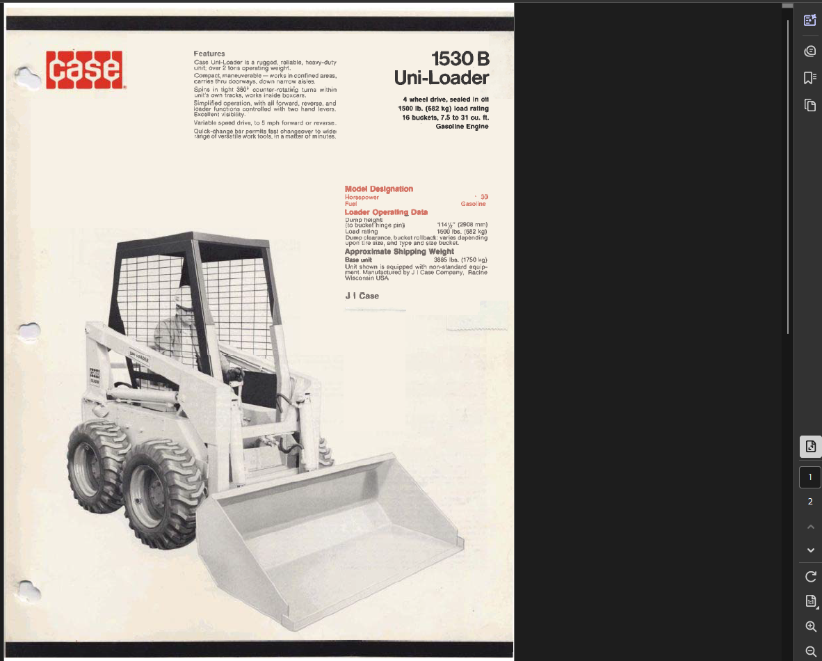 Case Skid Steer 1530B Specifications Manual PDF Instant Download