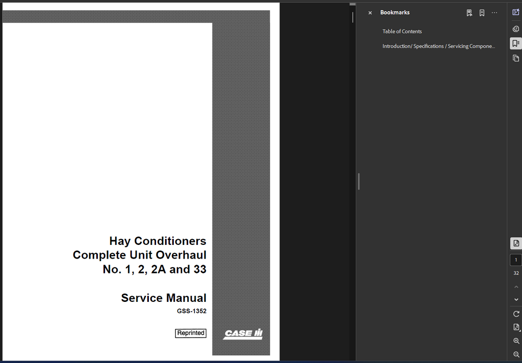 CASE IH HAY CONDITIONER NO 1 SERVICE MANUAL GSS-1352