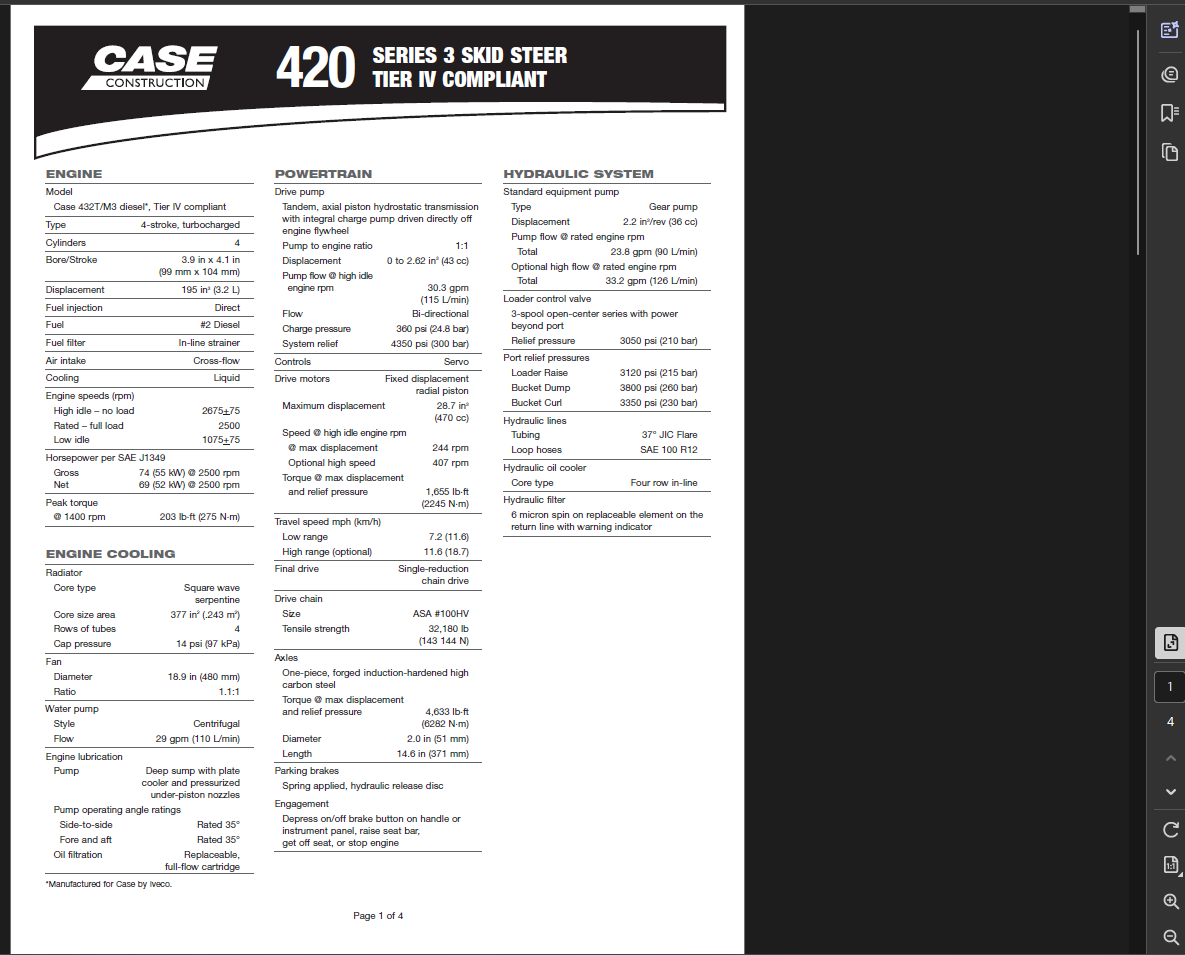 Case Skid Steer 420 Series 3 Specifications PDF Instant Download