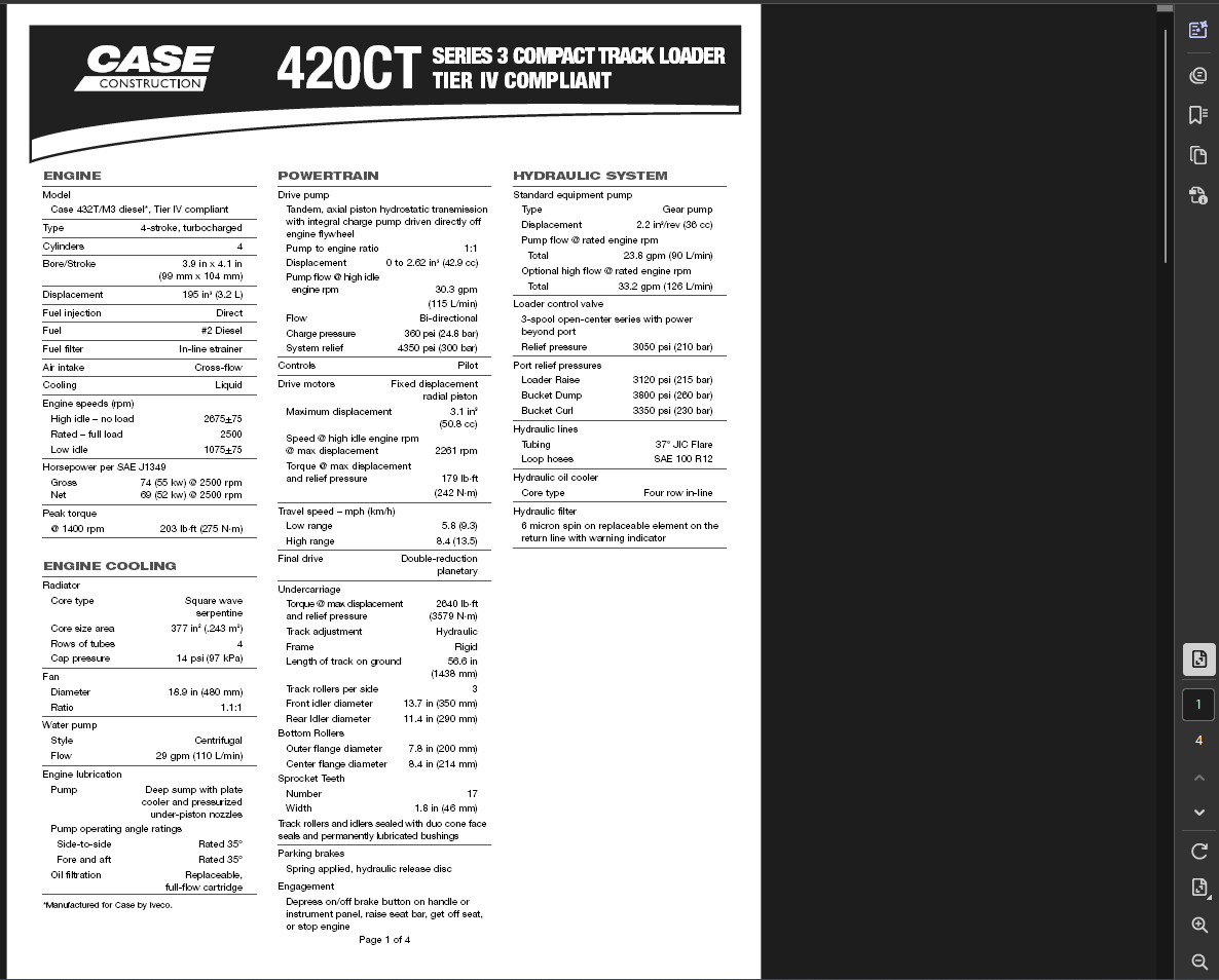 Case Skid Steer 420CT Series 3 Specifications Manual PDF Instant Download