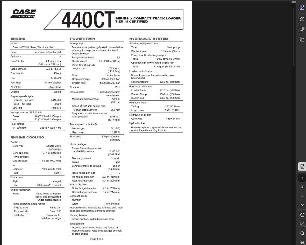 Case Skid Steer 440CT Series 3 Specifications Manual PDF Instant Download