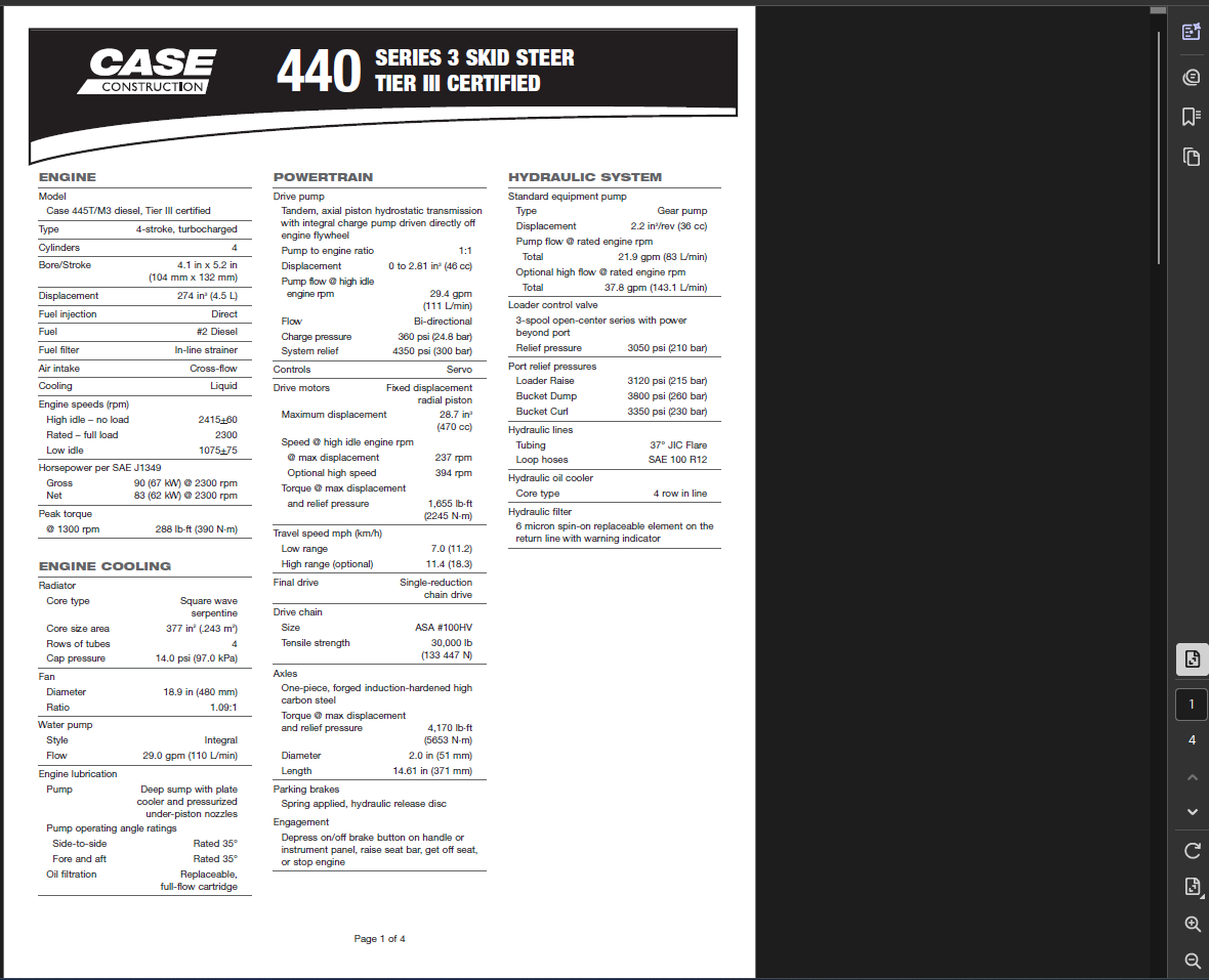 Case Skid Steer 440 Series 3 Specifications Manual PDF Instant Download