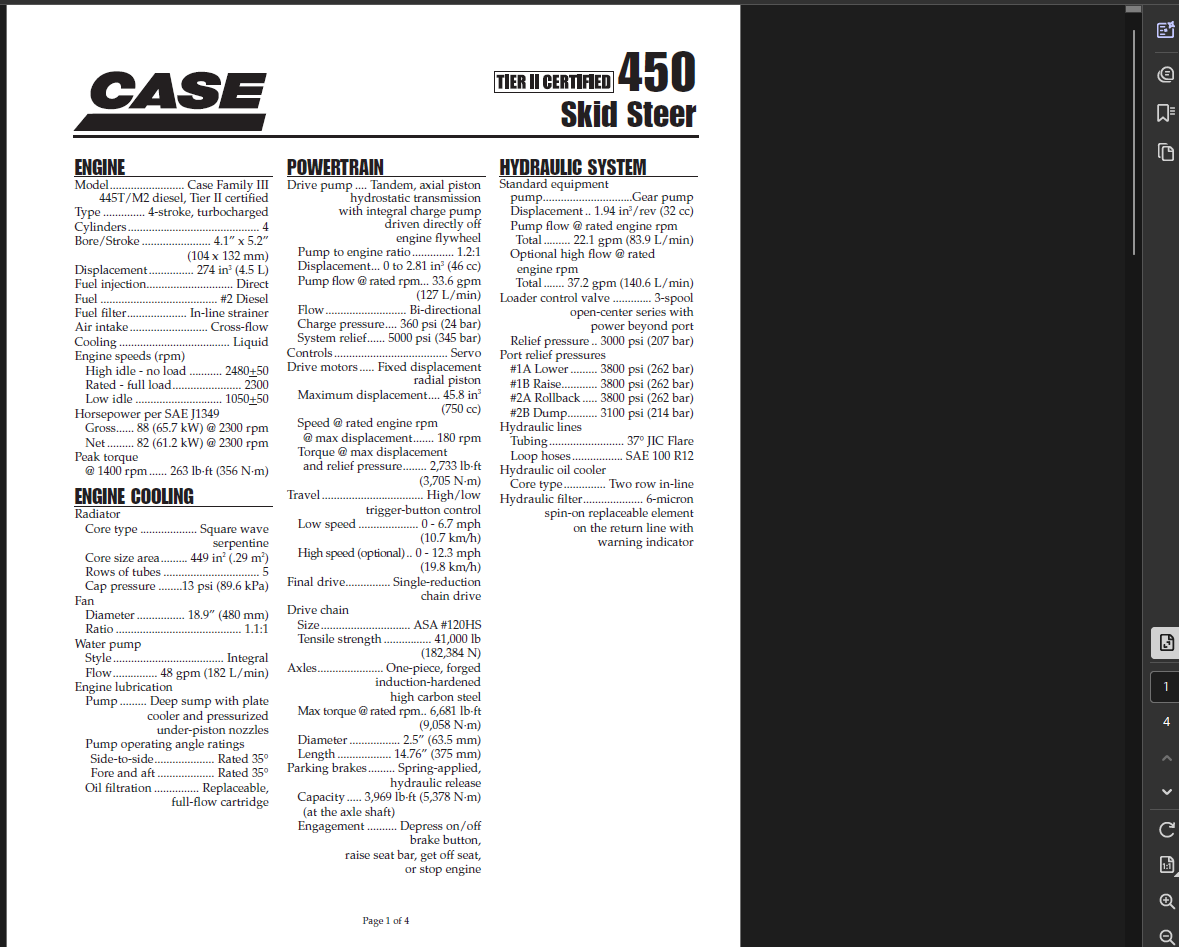 Case Skid Steer 450 Specifications Manual PDF Instant Download