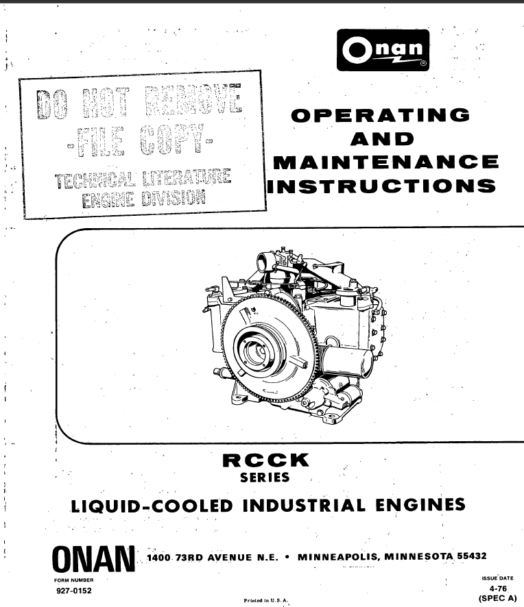 Onan RCCK Engine Operator Owner Manual PDF Instant Download