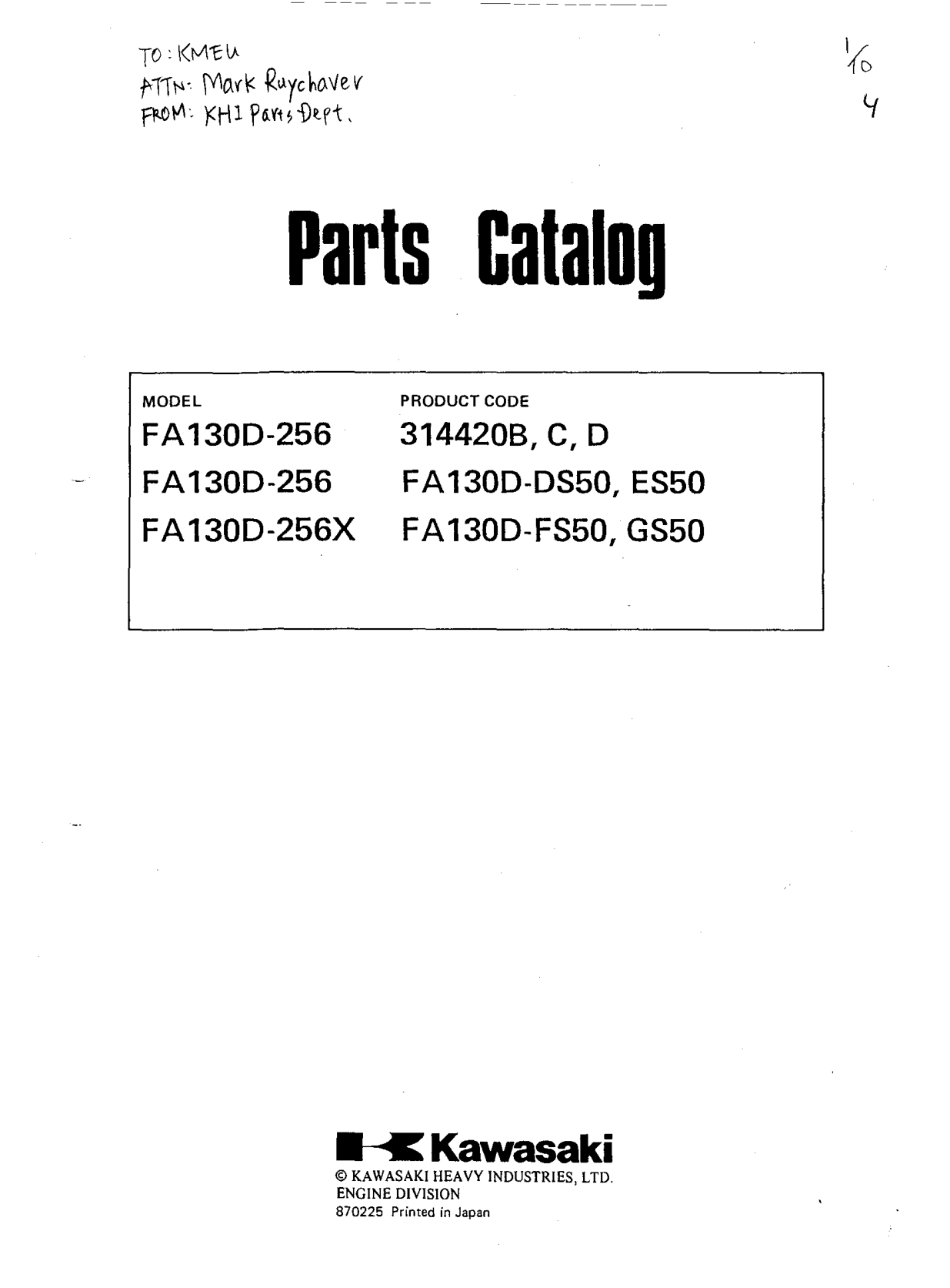 Kawasaki Engine FA130D FA SERIES Parts Manual PDF Instant Download