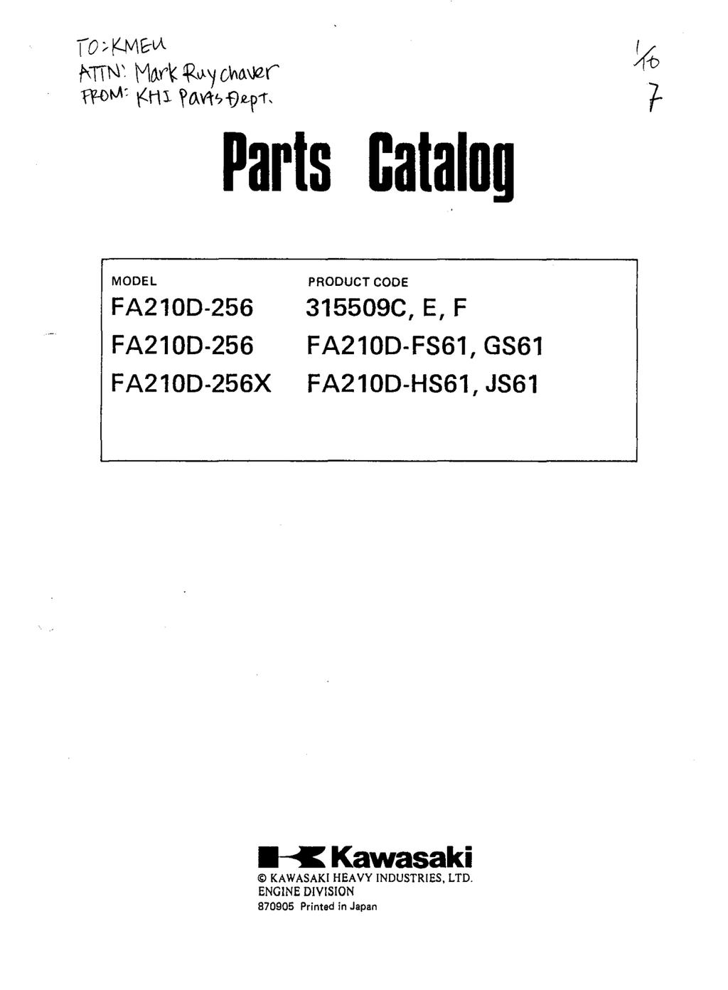 Kawasaki Engine FA210D FA SERIES Parts Manual PDF Instant Download