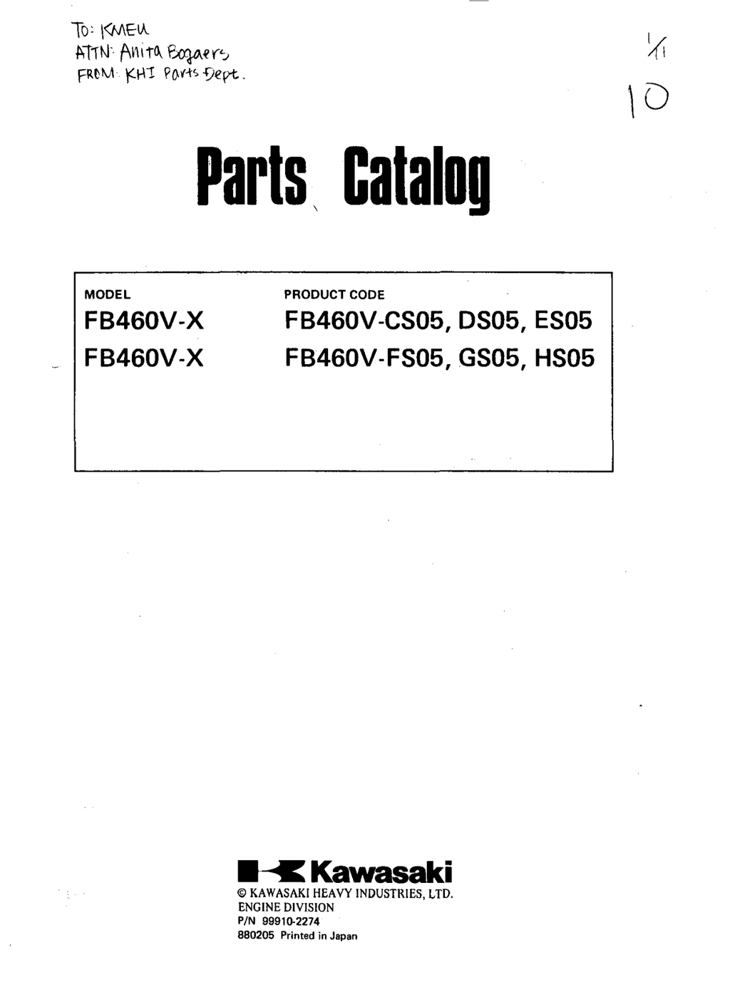 Kawasaki FB460V Engine FB SERIES Parts Manual PDF Instant Download