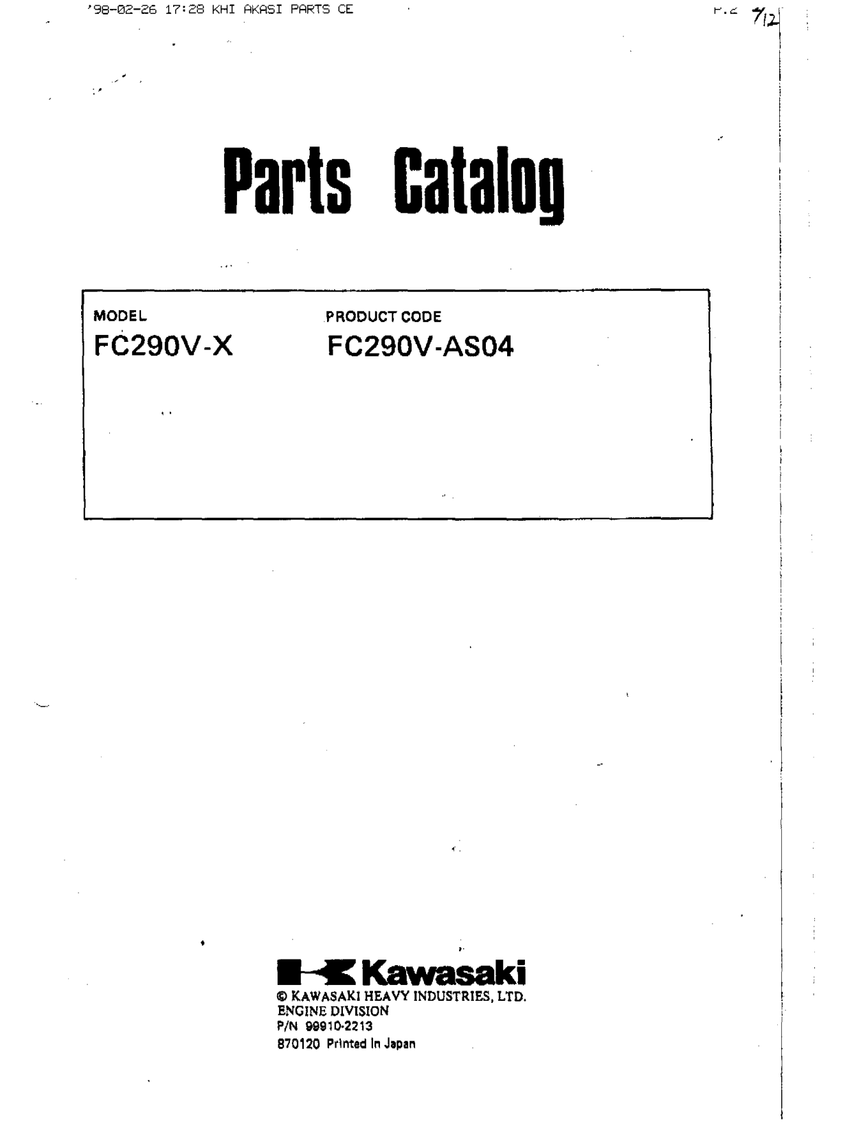 Kawasaki FC290V Engine FC SERIES Parts Manual PDF Instant Download
