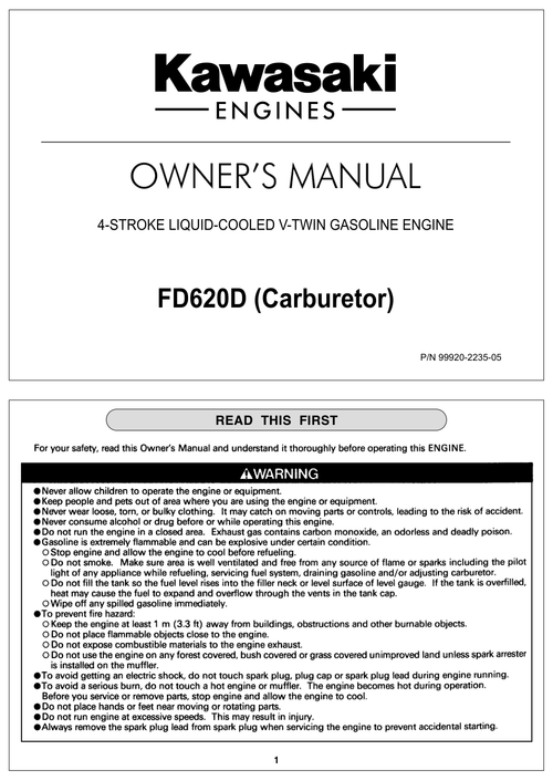 Kawasaki FD620D Engine FD SERIES Operator Owner Manual PDF Instant Download