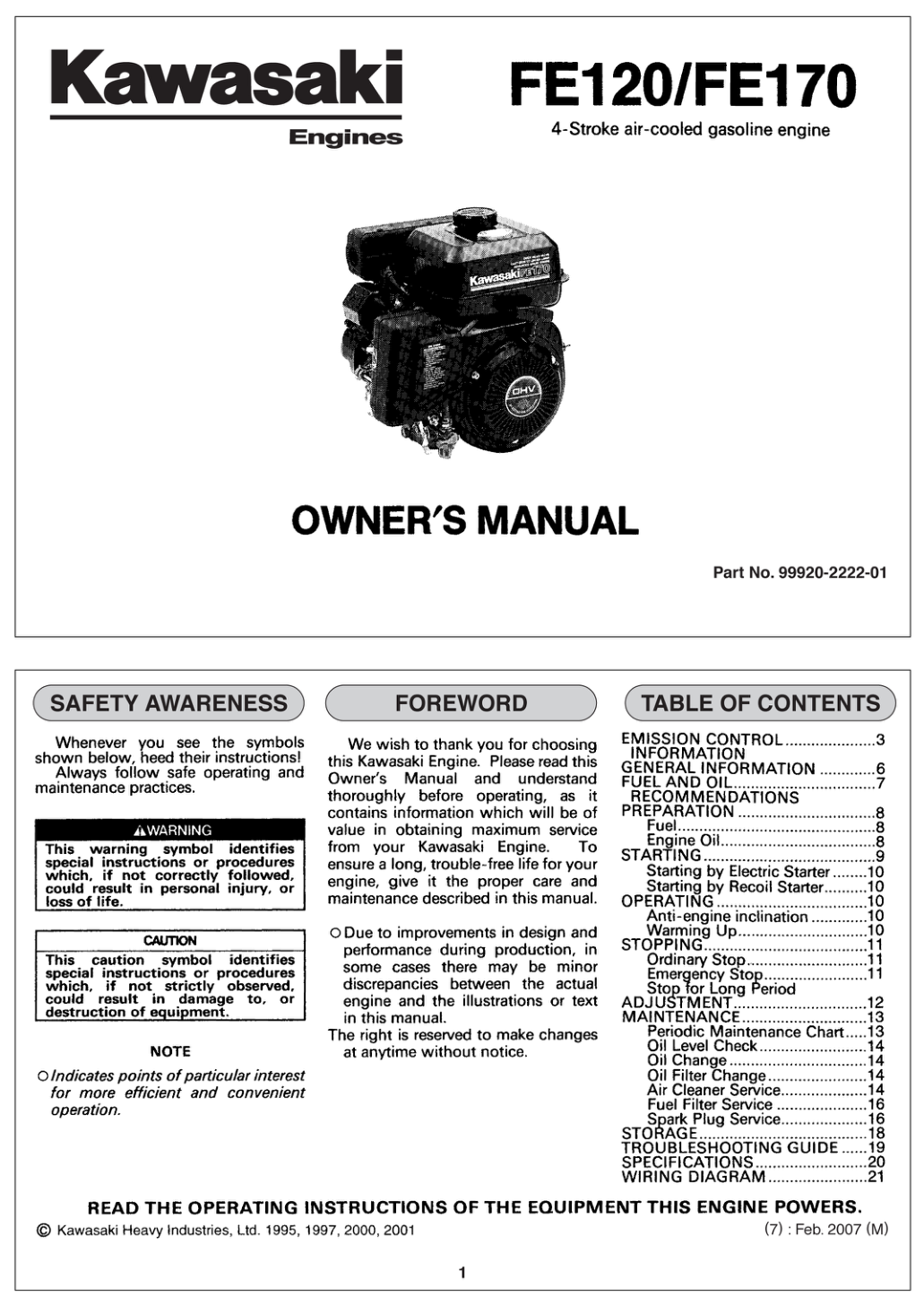 Kawasaki FE170D Engine FE SERIES Operator Owner Manual PDF Instant Download
