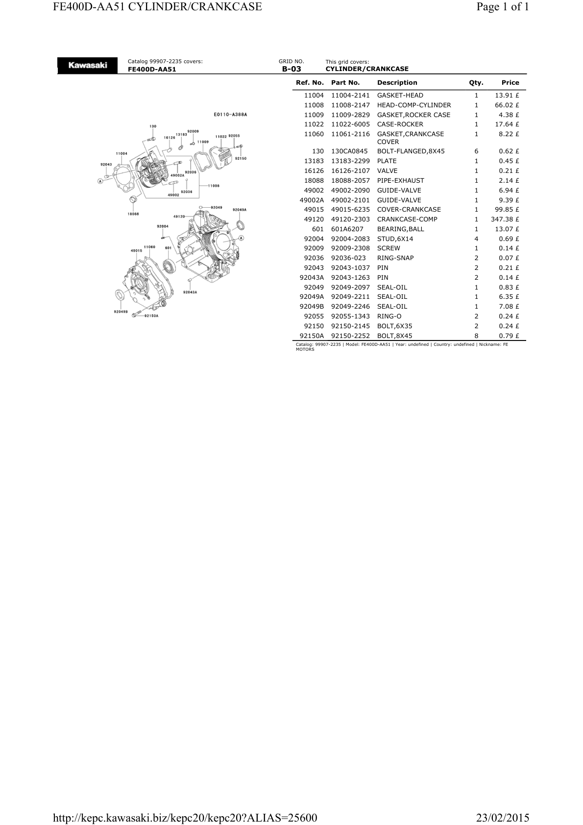 Kawasaki FE400D Engine FE SERIES Parts Manual PDF Instant Download