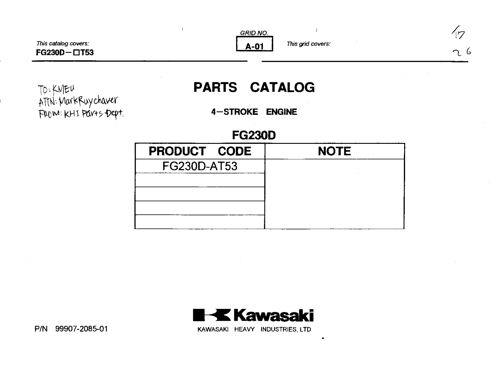 Kawasaki FG230D Engine FG SERIES Parts Manual PDF Instant Download