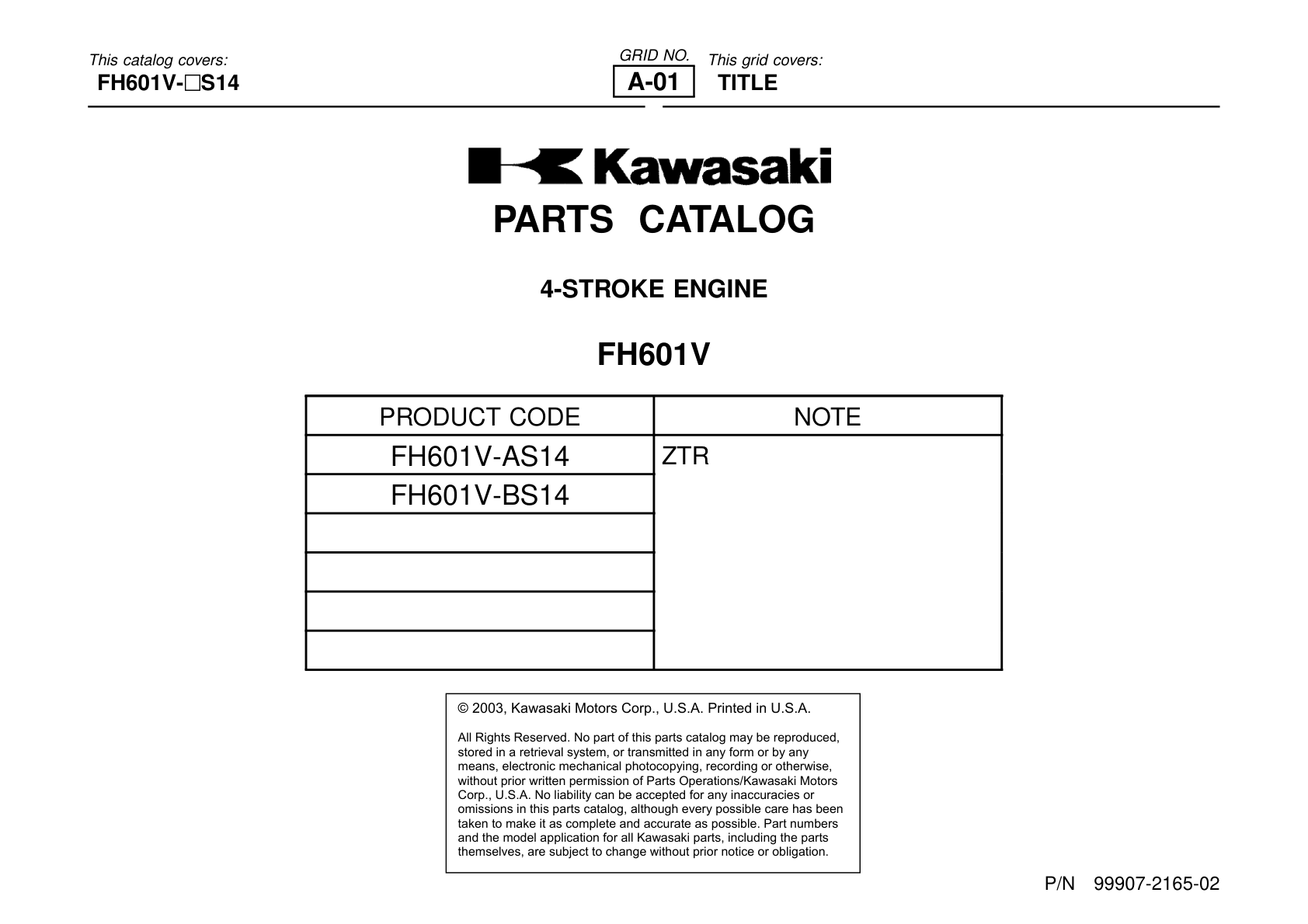 Kawasaki FH601V Engine FH SERIES Parts Manual PDF Instant Download