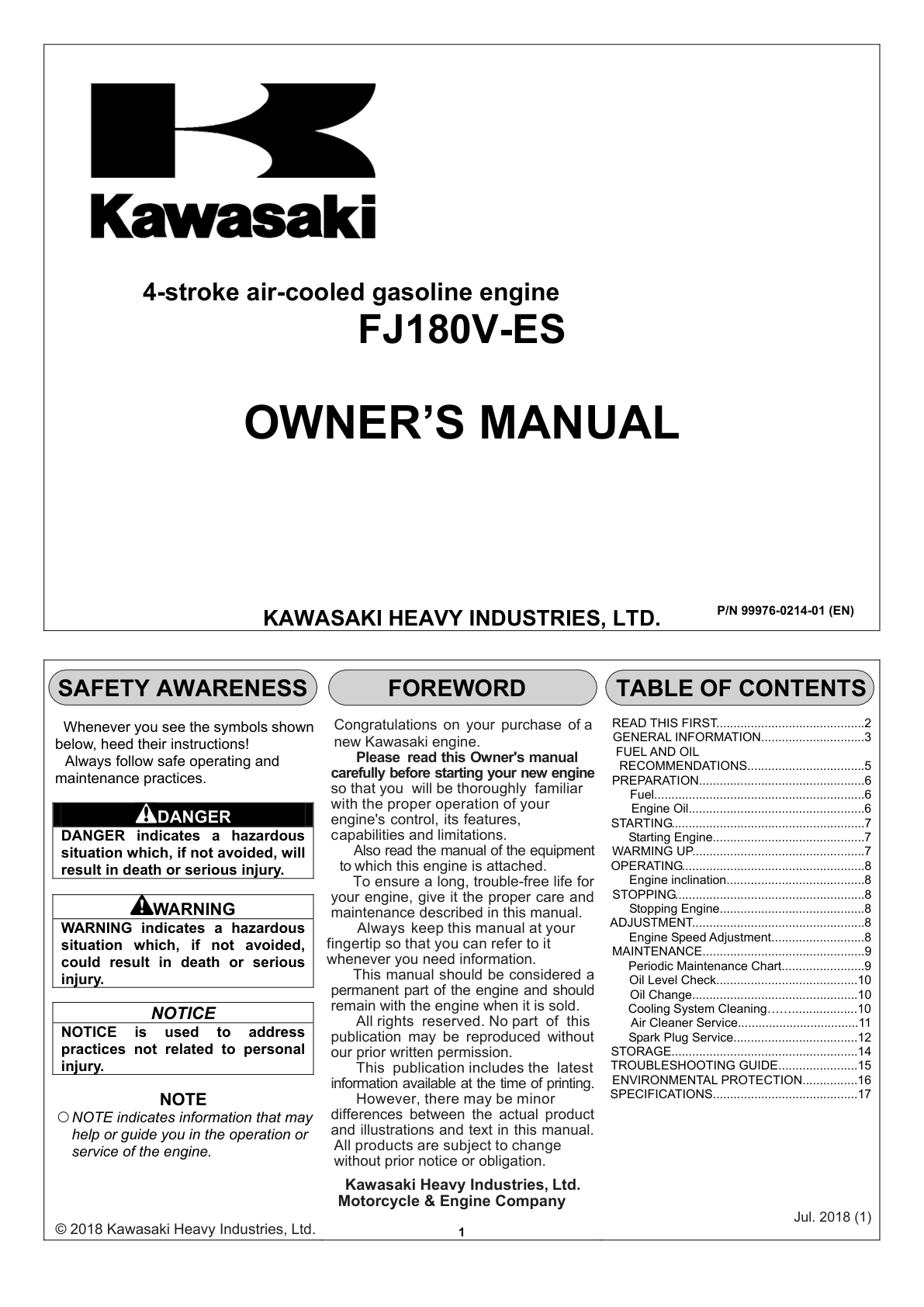 Kawasaki FJ180V Engine FJ SERIES Operator Owner Manual PDF Instant Download