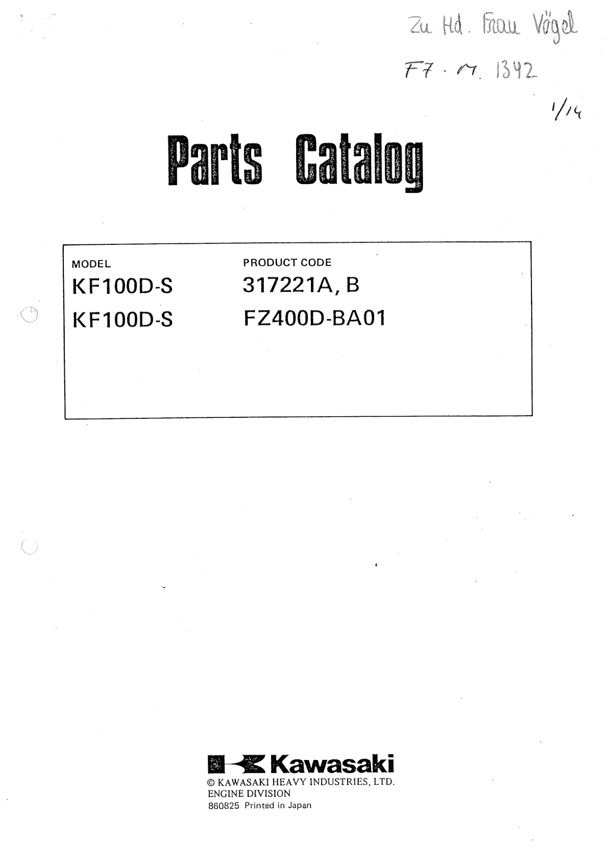 Kawasaki FZ400D Engine FZ SERIES Parts Manual PDF Instant Download