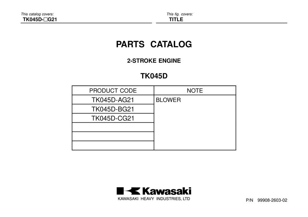 Kawasaki TK045D Engine TK SERIES Parts Manual PDF Instant Download