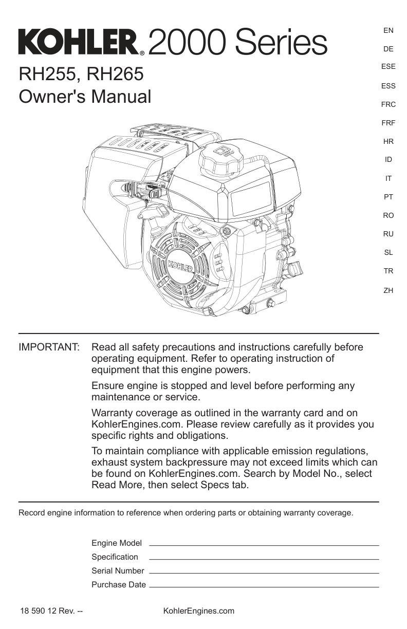 Kohler RH255 2000 SERIES Operator Owner Manual PDF Instant Download