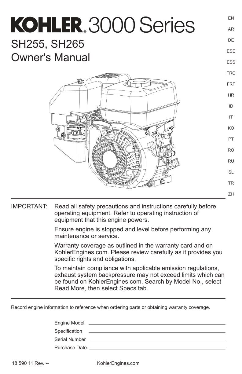 Kohler SH265 3000 SERIES Operator Owner Manual PDF Instant Download