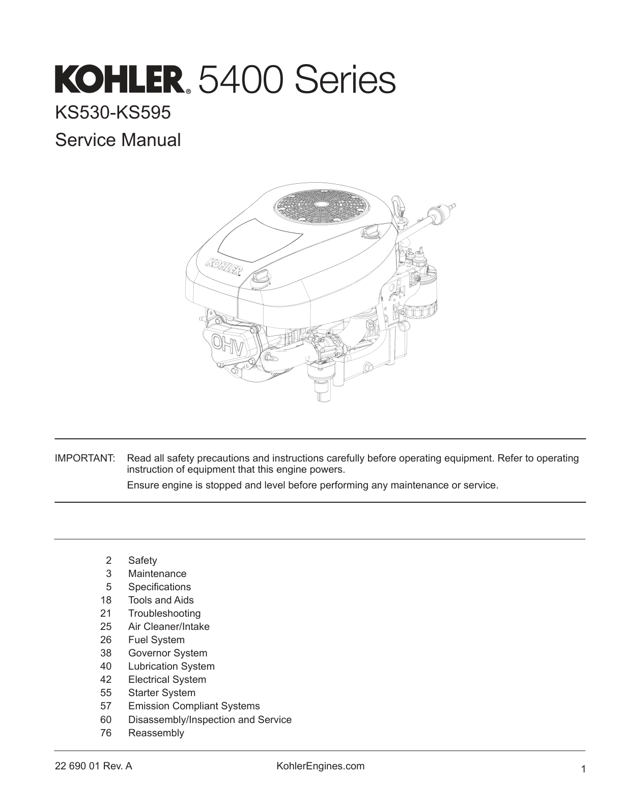 Kohler KS590 5400 SERIES Service Shop Repair Manual PDF Instant Download