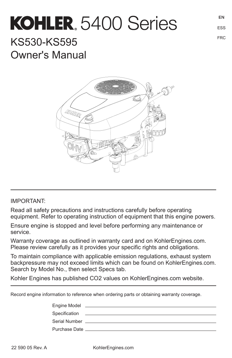 Kohler KS595 5400 SERIES Operator Owner Manual PDF Instant Download