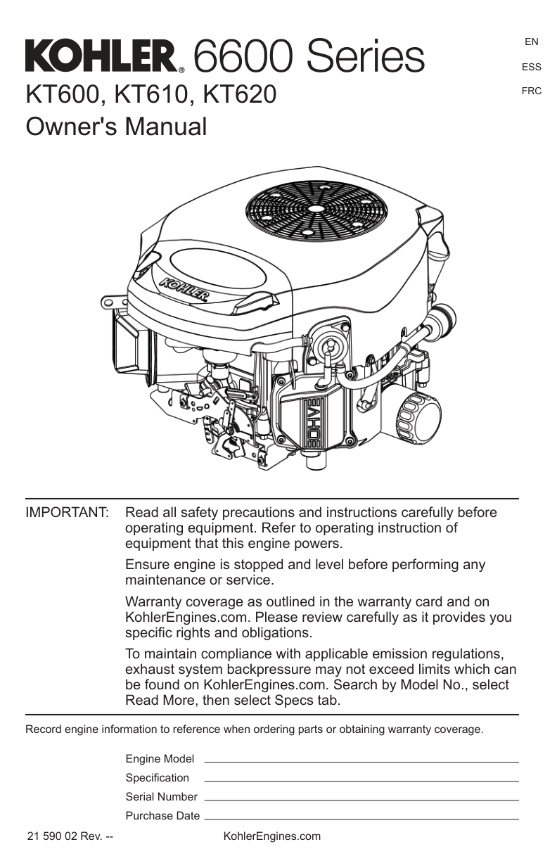 Kohler KT600 6600 SERIES Operator Owner Manual PDF Instant Download