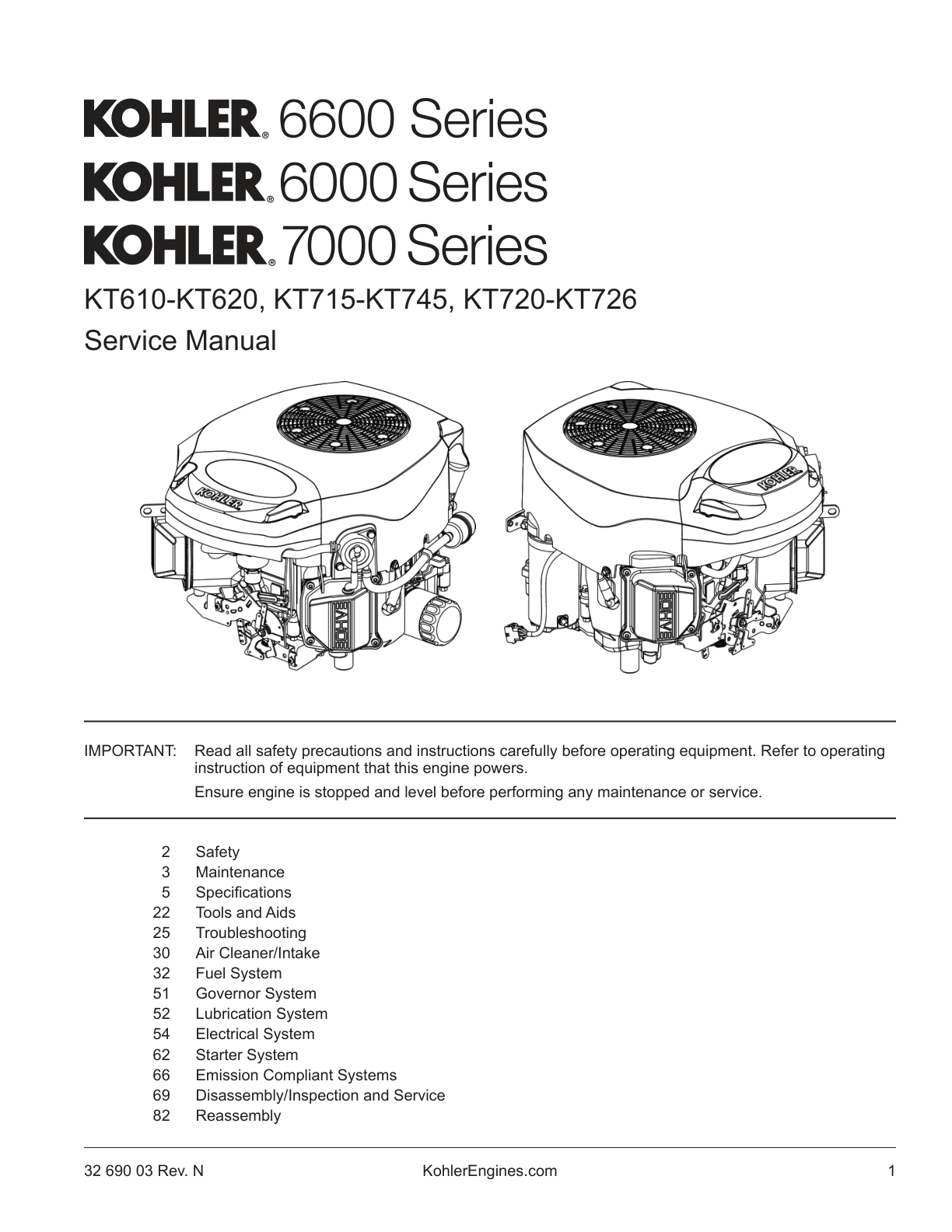 Kohler KT620 6600 SERIES Service Shop Repair Manual PDF Instant Download