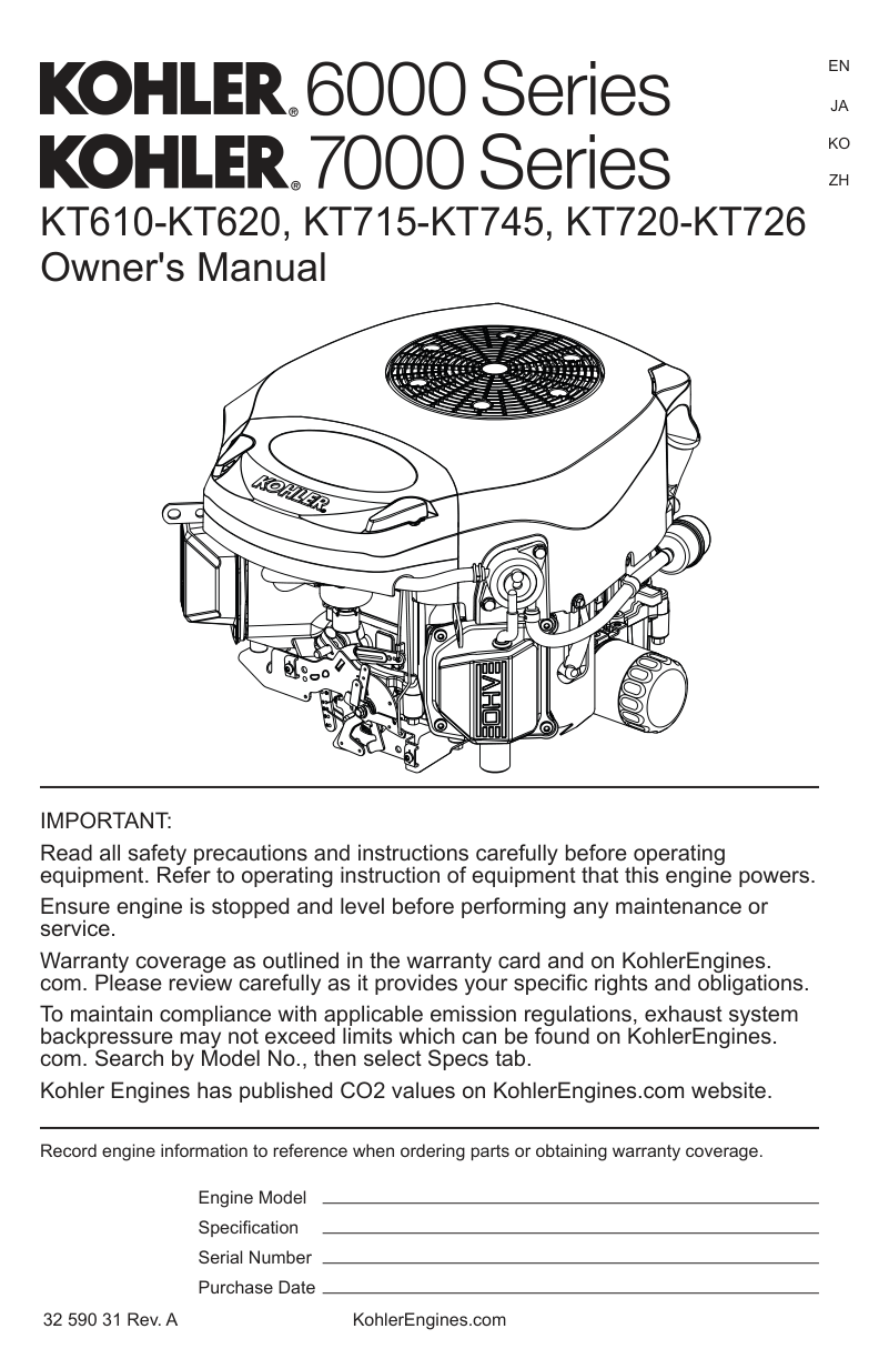 Kohler KT724 7000 SERIES Operator Owner Manual PDF Instant Download