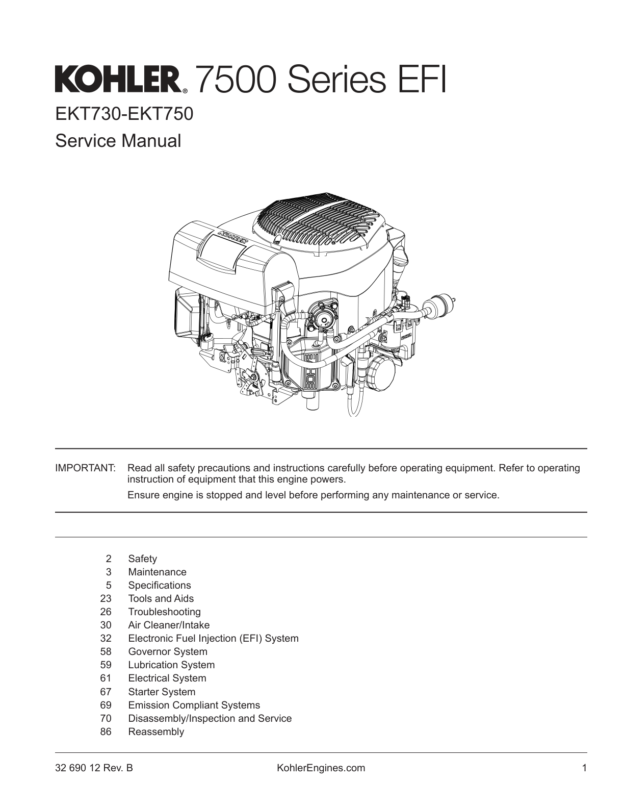 Kohler EKT730 7500 SERIES EFI Service Shop Repair Manual PDF Instant Download