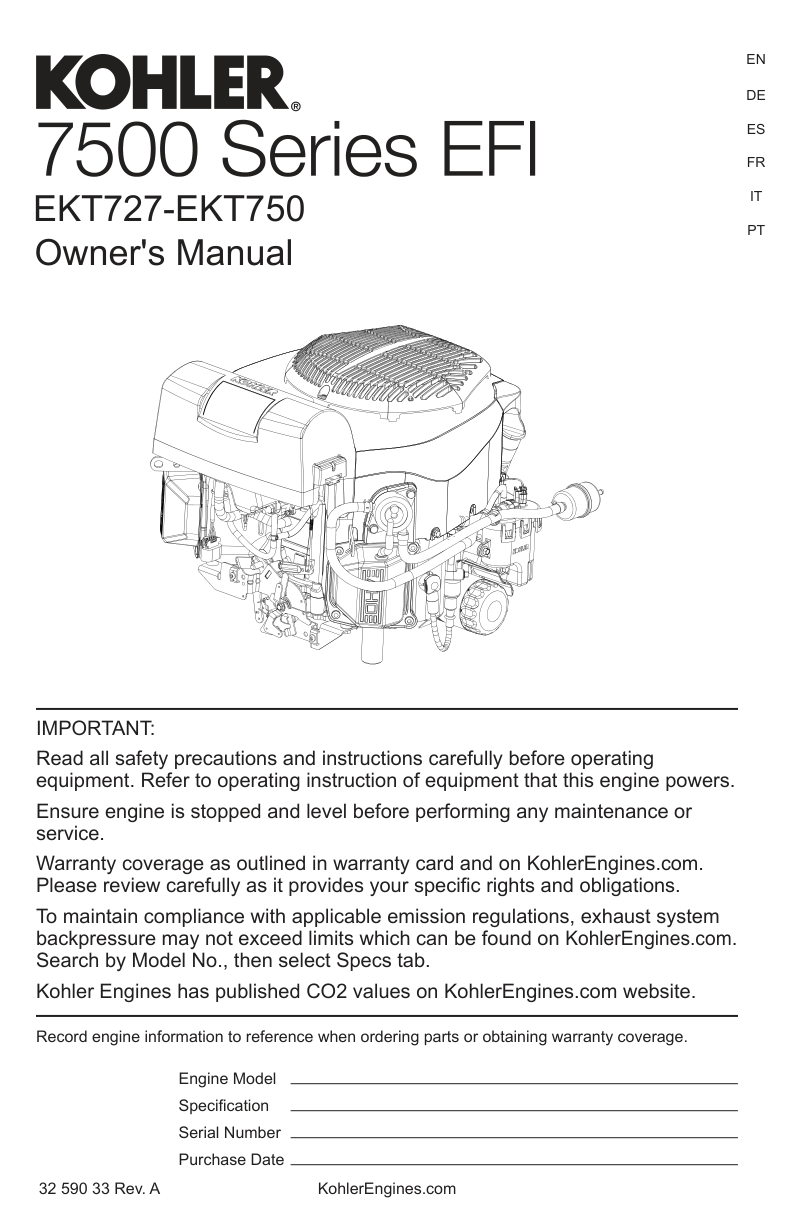 Kohler EKT745 7500 SERIES EFI Operator Owner Manual PDF Instant Download