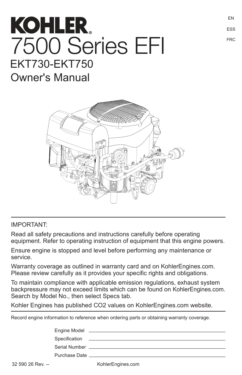 Kohler EKT745 7500 SERIES EFI Operator Owner Manual PDF Instant Download