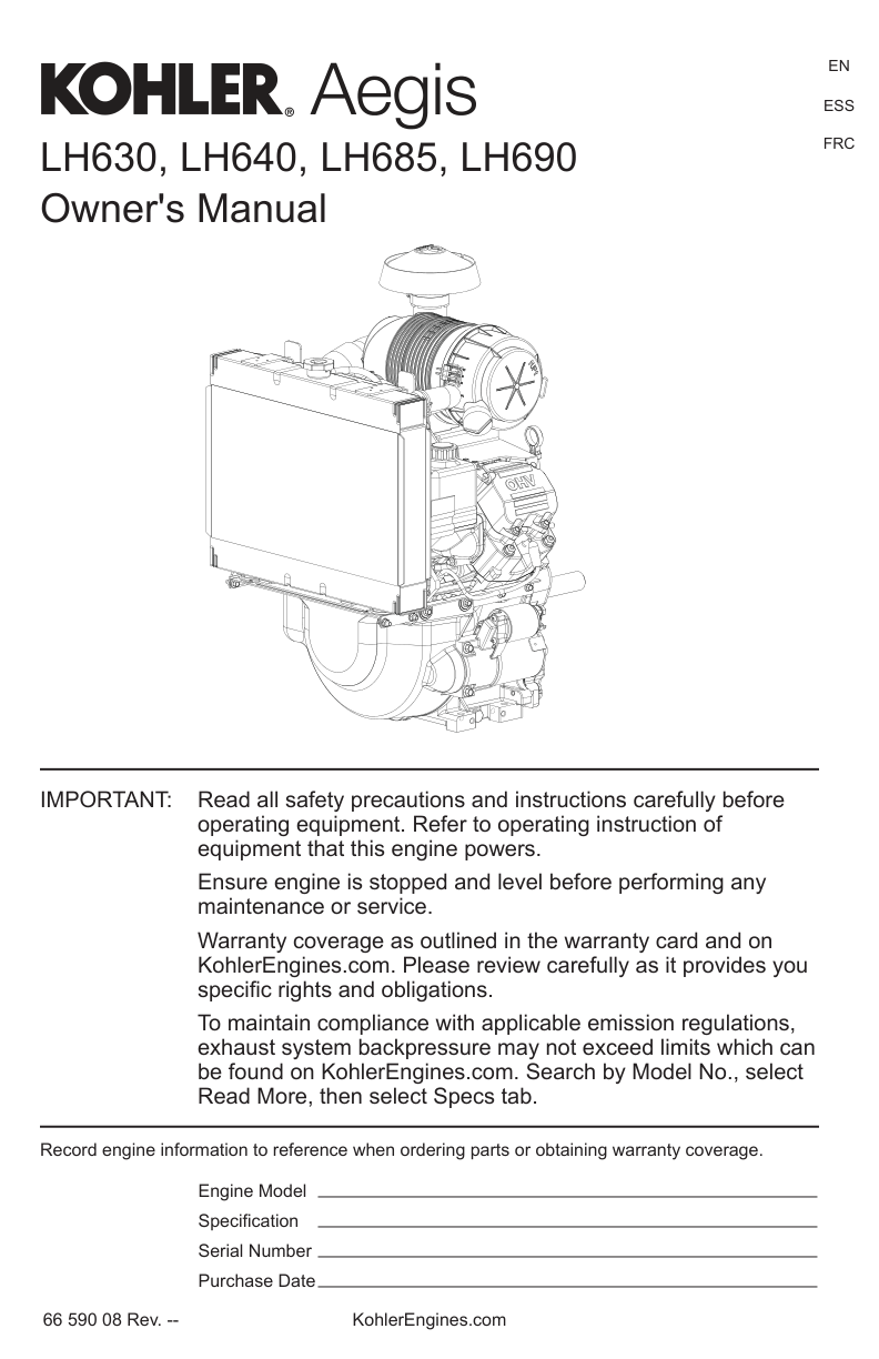 Kohler LH630 AEGIS Operator Owner Manual PDF Instant Download